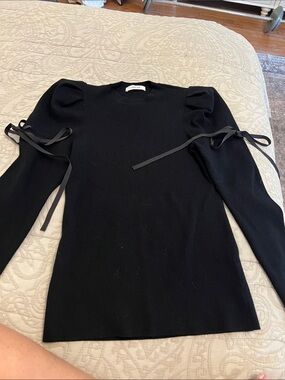 ADEAM Black Ribbed Crewneck Sweater with Sleeve Ties